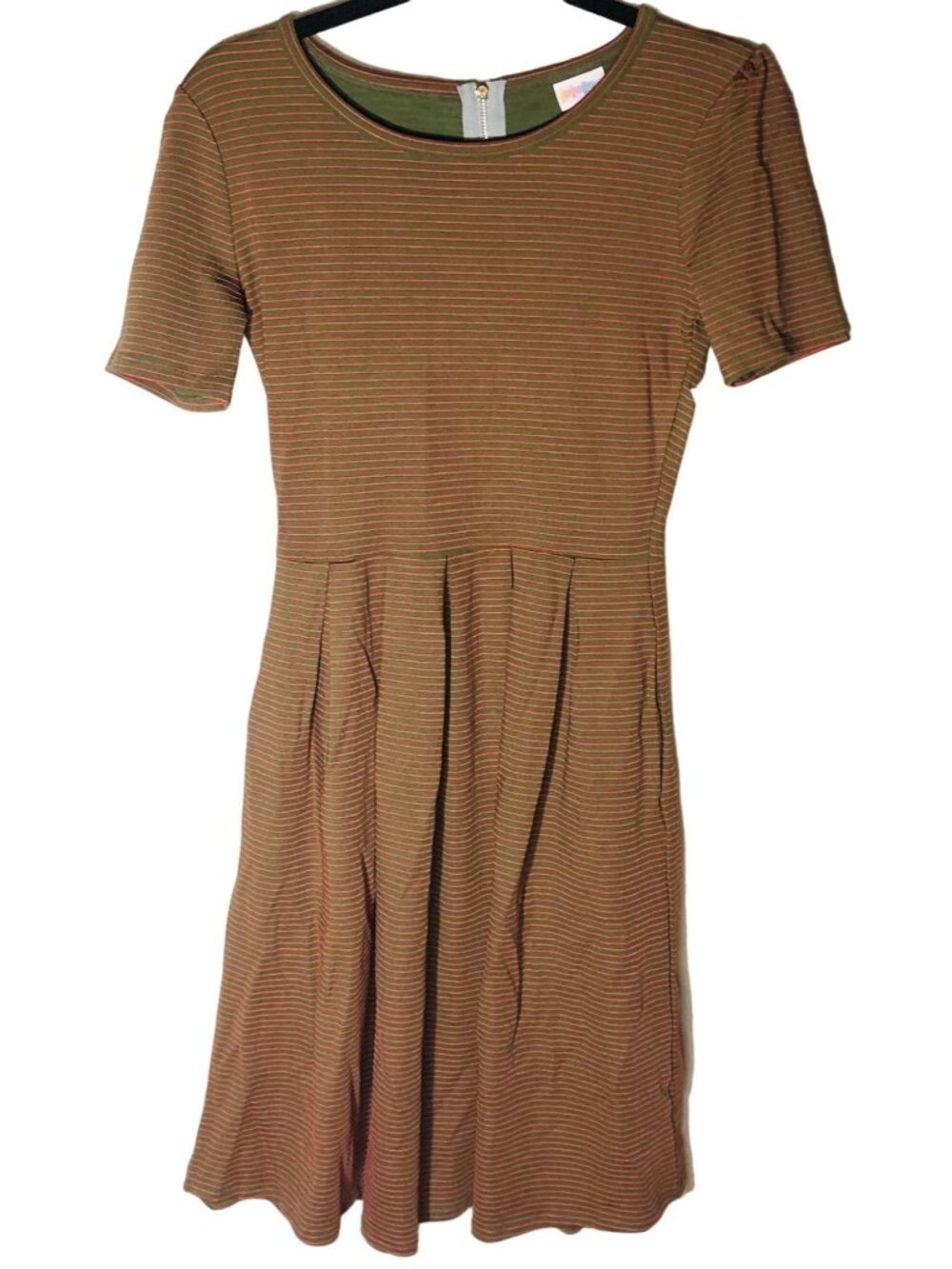 lularoe Amelia shirt dress zip back pockets green red stripes size xs READ NEW